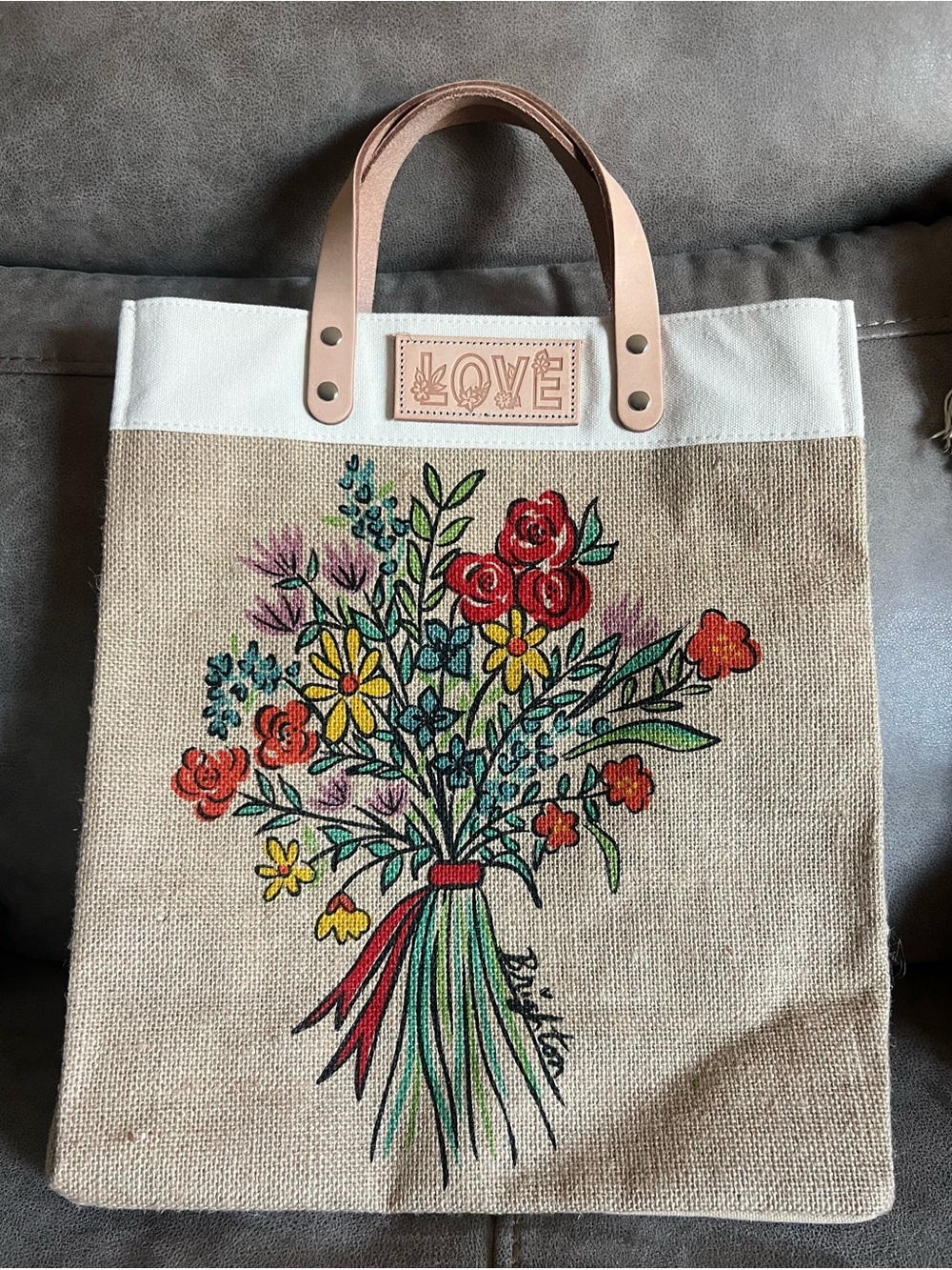 Love Floral Burlap Tote with tan  Handles